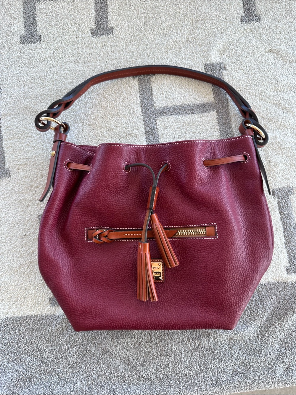 Burgundy Leather Drawstring Bucket Bag with Tassels Dooney and Bourke